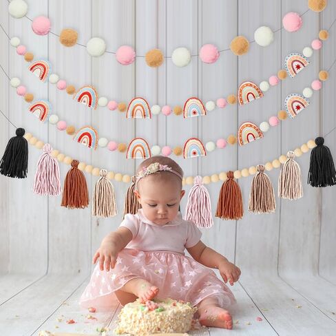 4 Pcs Boho Felt Banner Classroom Tassel Garland Felt Rainbow Decoration Colorful Pom Pom Garland Wall Hanging Decor for Back to School Supplies First Day Of School Nursery Bedroom Birthday Party(Blue) in Saudi Arabia