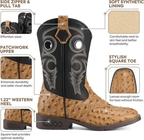 أحذية Rollda للأولاد رعاة البقر للأطفال أحذية غربية بمقدمة مربعة للفتيات أحذية راعية البقر للأطفال الصغار/الأطفال الصغار/الأطفال الكبار in Kuwait