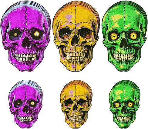 Honoson 24 Pcs Glow in The Dark Halloween Decoration Vintage Nite-glo Skull Cutouts Fluorescent Skull Shaped Die Cut Out Large Size for Halloween Window Wall Party Bulletin Board Decor in Saudi Arabia