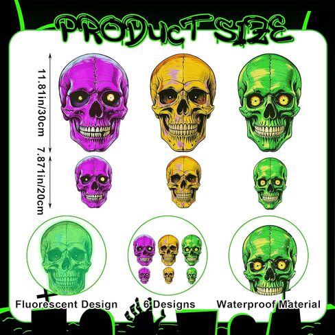 Honoson 24 Pcs Glow in The Dark Halloween Decoration Vintage Nite-glo Skull Cutouts Fluorescent Skull Shaped Die Cut Out Large Size for Halloween Window Wall Party Bulletin Board Decor in Saudi Arabia