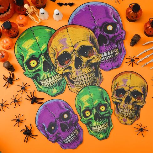 Honoson 24 Pcs Glow in The Dark Halloween Decoration Vintage Nite-glo Skull Cutouts Fluorescent Skull Shaped Die Cut Out Large Size for Halloween Window Wall Party Bulletin Board Decor in Saudi Arabia