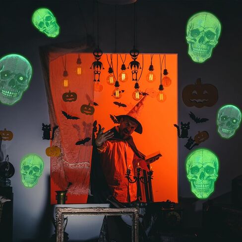 Honoson 24 Pcs Glow in The Dark Halloween Decoration Vintage Nite-glo Skull Cutouts Fluorescent Skull Shaped Die Cut Out Large Size for Halloween Window Wall Party Bulletin Board Decor in Saudi Arabia
