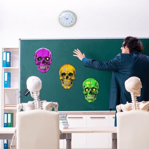 Honoson 24 Pcs Glow in The Dark Halloween Decoration Vintage Nite-glo Skull Cutouts Fluorescent Skull Shaped Die Cut Out Large Size for Halloween Window Wall Party Bulletin Board Decor in Saudi Arabia