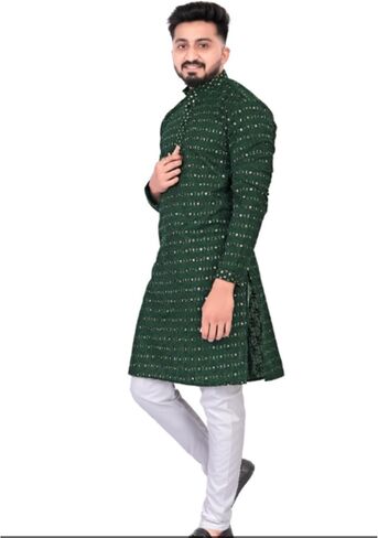 Men's Embroidered Sequined Kurta with White Pyjama Set Indian Traditional Party Wear Outfit-Ethinic Wear in Saudi Arabia