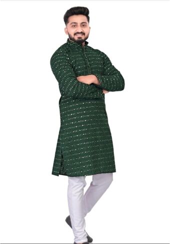 Men's Embroidered Sequined Kurta with White Pyjama Set Indian Traditional Party Wear Outfit-Ethinic Wear in Saudi Arabia