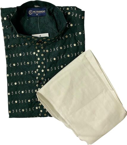 Men's Embroidered Sequined Kurta with White Pyjama Set Indian Traditional Party Wear Outfit-Ethinic Wear in Saudi Arabia