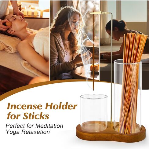 2 in 1 Incense Holder for Sticks, Dual-Purpose Incense Holder with Glass Ash Catcher, Anti-Ash Flying Burner and Organizer, Meditation Yoga Spa Home Decor for Sticks Cones(Wood, Dark Brown) in Saudi Arabia