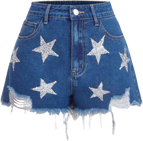 Floerns Women's Y2K Denim Shorts Sparkly Star تمزق Raw Hem Club Jean in Saudi Arabia