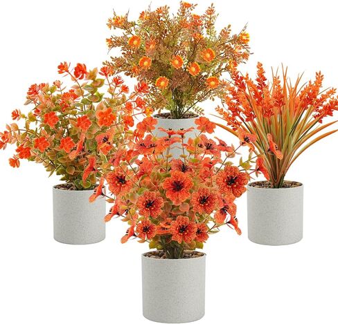 4 حزمة Fall Flowers مصطنعة النباتات الخريف محفوظة بوعاء النباتات الصغيرة نباتات صغيرة لخريف مركزية الشكر على المنضدة المنضدة الحمام مزرعة الزخارف الشكر (برتقالي) in Kuwait
