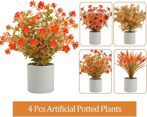 4 حزمة Fall Flowers مصطنعة النباتات الخريف محفوظة بوعاء النباتات الصغيرة نباتات صغيرة لخريف مركزية الشكر على المنضدة المنضدة الحمام مزرعة الزخارف الشكر (برتقالي) in Kuwait