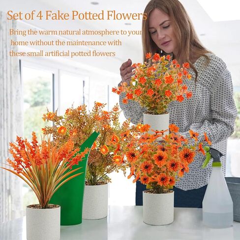 4 حزمة Fall Flowers مصطنعة النباتات الخريف محفوظة بوعاء النباتات الصغيرة نباتات صغيرة لخريف مركزية الشكر على المنضدة المنضدة الحمام مزرعة الزخارف الشكر (برتقالي) in Kuwait