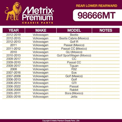 Metrix Premium Chassis Parts - 2 PC Rear Lower Rearward Control Arm Kit Fits 17-18 Audi RS Q3, 15-18 Q3, 06-14 Volkswagen GTI, 06-22 Passat, 06-09 Rabbit, 05-18 Jetta, RK642309, Made in Europe in Saudi Arabia