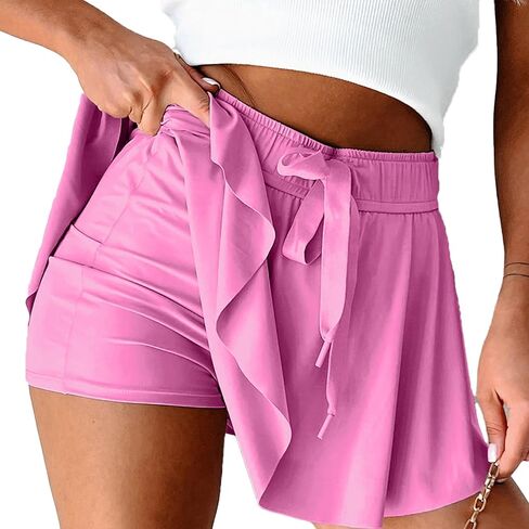 Women's High-Waist Tennis Skirt with Built-in Shorts – Asymmetrical Pleated Ruffle, Golf & Athletic, Drawstring Bow in Saudi Arabia