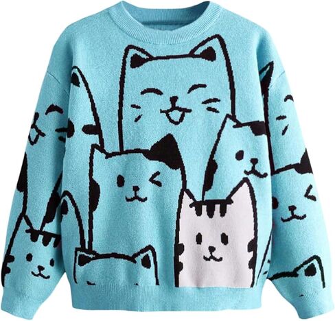 WDIRARA Girl's Cartoon Cat Print Round Neck Long Sleeve Cute Sweater Casual Pullovers in Saudi Arabia