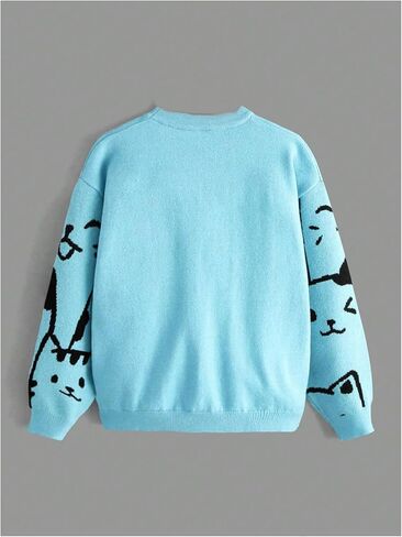 WDIRARA Girl's Cartoon Cat Print Round Neck Long Sleeve Cute Sweater Casual Pullovers in Saudi Arabia