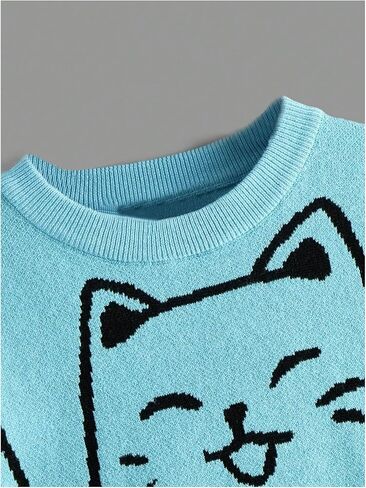 WDIRARA Girl's Cartoon Cat Print Round Neck Long Sleeve Cute Sweater Casual Pullovers in Saudi Arabia