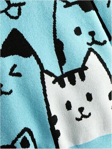 WDIRARA Girl's Cartoon Cat Print Round Neck Long Sleeve Cute Sweater Casual Pullovers in Saudi Arabia