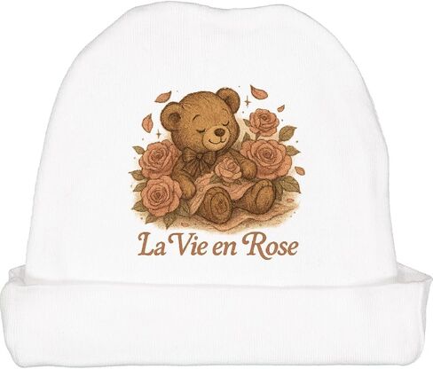 inktastic Cute Teddy Bear 'La Vie En Rose' Floral Art Baby Beanie Hat in Saudi Arabia