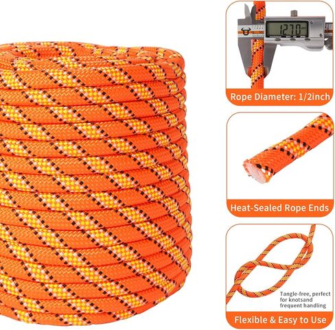 Arborist Rope Climbing Rope Swing for Tree(1/2in x 100ft) Logging Rope 48 Strands for Pull, Swing, Knot (Orange) in Saudi Arabia