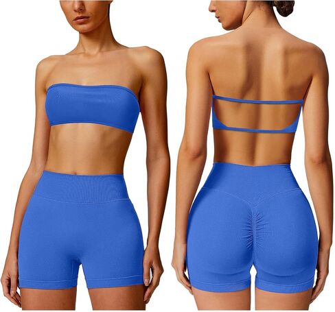 ABOCIW Workout Sets for Women Backless Bandeau Sports Bra Seamless Scunch Butt Lifting High Waist Biker Shorts Gym Set in Saudi Arabia