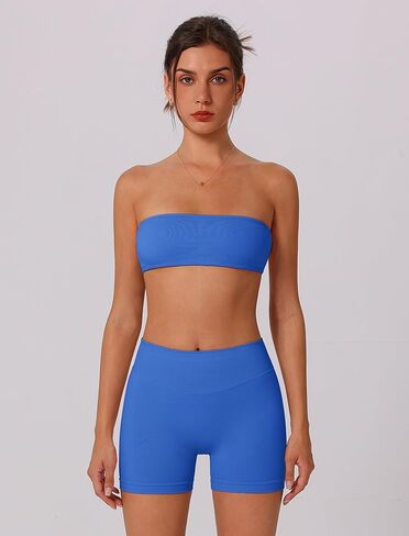 ABOCIW Workout Sets for Women Backless Bandeau Sports Bra Seamless Scunch Butt Lifting High Waist Biker Shorts Gym Set in Saudi Arabia