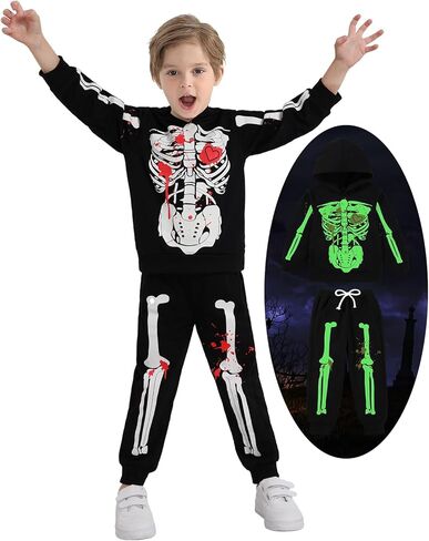 مجموعة هوديس تتوهج في الظلام للأطفال الصغار والأولاد والبنات أزياء الهيكل العظمي للهالوين سويت شيرت وسروال رياضي in Kuwait