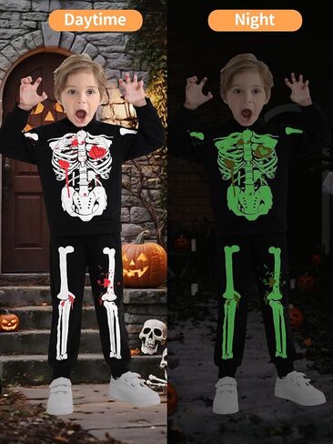مجموعة هوديس تتوهج في الظلام للأطفال الصغار والأولاد والبنات أزياء الهيكل العظمي للهالوين سويت شيرت وسروال رياضي in Kuwait
