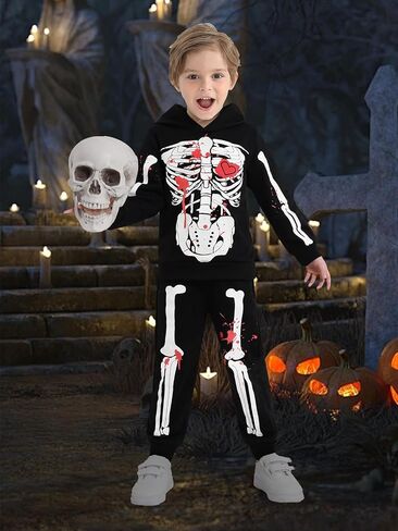 مجموعة هوديس تتوهج في الظلام للأطفال الصغار والأولاد والبنات أزياء الهيكل العظمي للهالوين سويت شيرت وسروال رياضي in Kuwait