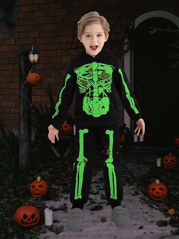 مجموعة هوديس تتوهج في الظلام للأطفال الصغار والأولاد والبنات أزياء الهيكل العظمي للهالوين سويت شيرت وسروال رياضي in Kuwait
