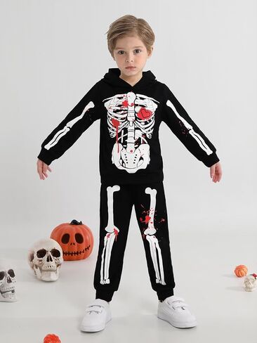 مجموعة هوديس تتوهج في الظلام للأطفال الصغار والأولاد والبنات أزياء الهيكل العظمي للهالوين سويت شيرت وسروال رياضي in Kuwait