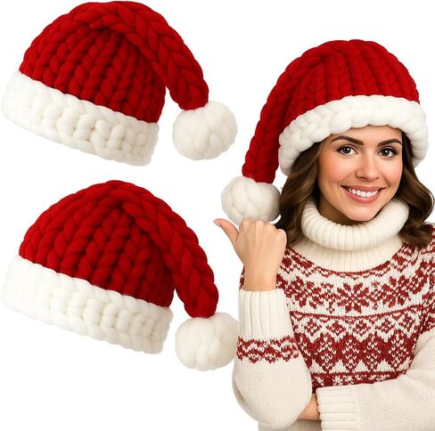 Newcotte 2 Pcs Christmas Chunky Knitted Santa Hats for Adult Women Men Novelty Funny Santa Beanie Thick and Warm Xmas Caps for Christmas Party Carnivals Outfits Gift Red in Saudi Arabia