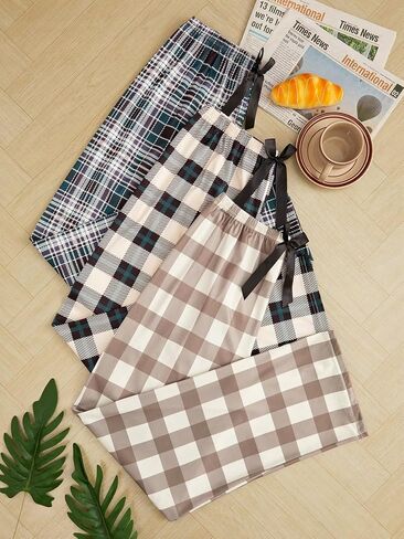 Milumia Women's 3 Pack Plaid Print Pajama Bottoms Bow Front Elastic Waist Lounge Pants Trousers in Saudi Arabia