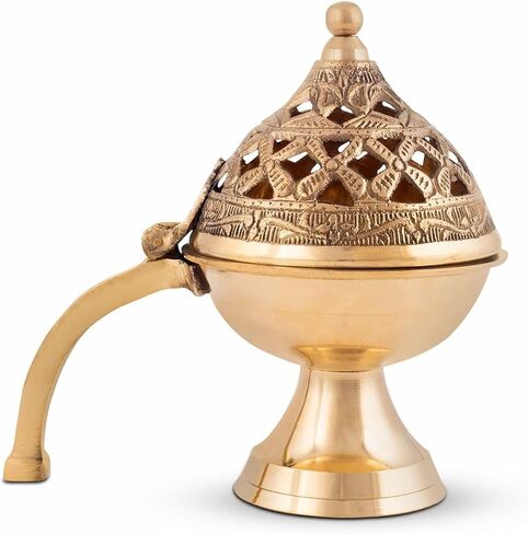 Pure Brass Loban Burner/Dhoop Dani | Round Dhuna Incense Burner for Loban & Dhoop | Traditional Tabletop Brass Dhooni for Home Purification | Small Size in Saudi Arabia