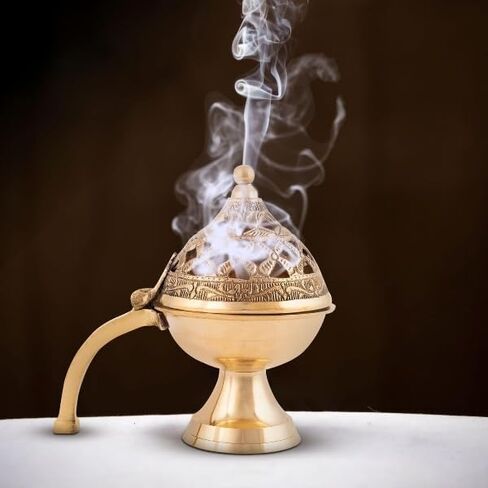 Pure Brass Loban Burner/Dhoop Dani | Round Dhuna Incense Burner for Loban & Dhoop | Traditional Tabletop Brass Dhooni for Home Purification | Small Size in Saudi Arabia