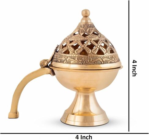 Pure Brass Loban Burner/Dhoop Dani | Round Dhuna Incense Burner for Loban & Dhoop | Traditional Tabletop Brass Dhooni for Home Purification | Small Size in Saudi Arabia