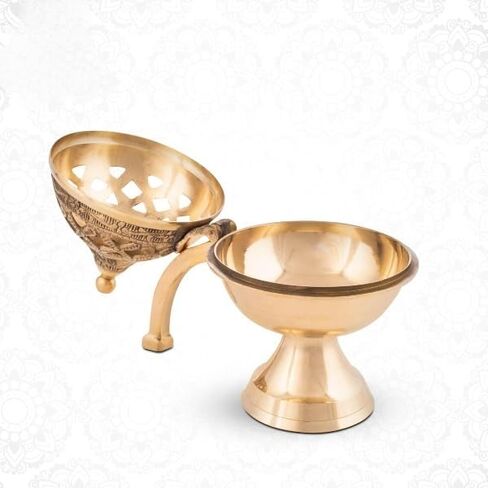 Pure Brass Loban Burner/Dhoop Dani | Round Dhuna Incense Burner for Loban & Dhoop | Traditional Tabletop Brass Dhooni for Home Purification | Small Size in Saudi Arabia