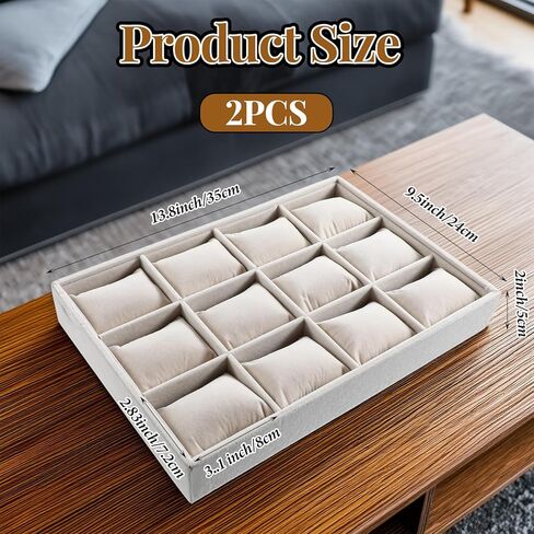 2 PCS Beige Velvet Jewelry Organizer Watch Tray Box 12 GRID GRID SCANEDECTER مع وسائد قابلة للتعديل للرجال للنساء ، عرض المتجر المنزلي in Kuwait