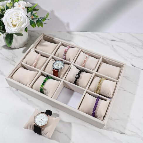 2 PCS Beige Velvet Jewelry Organizer Watch Tray Box 12 GRID GRID SCANEDECTER مع وسائد قابلة للتعديل للرجال للنساء ، عرض المتجر المنزلي in Kuwait