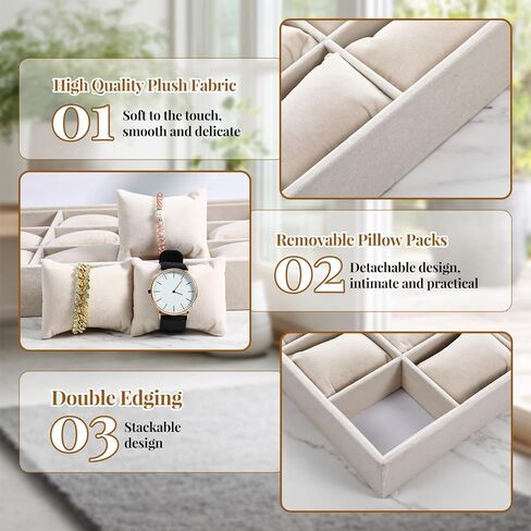 2 PCS Beige Velvet Jewelry Organizer Watch Tray Box 12 GRID GRID SCANEDECTER مع وسائد قابلة للتعديل للرجال للنساء ، عرض المتجر المنزلي in Kuwait