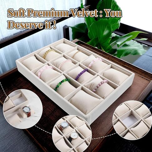 2 PCS Beige Velvet Jewelry Organizer Watch Tray Box 12 GRID GRID SCANEDECTER مع وسائد قابلة للتعديل للرجال للنساء ، عرض المتجر المنزلي in Kuwait