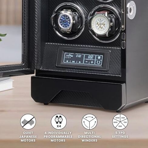 BARRINGTON Automatic Watch Winder for 4 Watches with Silent Japanese Motor | Multi Rotation & Turns Per Day Modes | LED Digital Display | Simple Touch Operation in Saudi Arabia