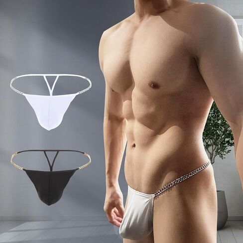 Men Sexy Thong with Metal Chains Hollow Out G-Strings Comfortable Ice Silk Underwear Bikini in Saudi Arabia