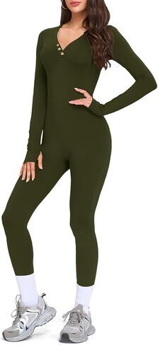 VUTRU Long Sleeve Jumpsuit for Women One Piece Fleece Romper Henley Collar Workout Bodycon Full Body Yoga Jumpsuits in Saudi Arabia