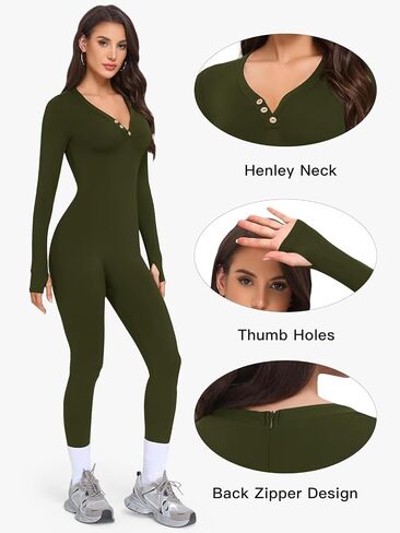 VUTRU Long Sleeve Jumpsuit for Women One Piece Fleece Romper Henley Collar Workout Bodycon Full Body Yoga Jumpsuits in Saudi Arabia