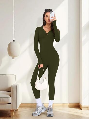 VUTRU Long Sleeve Jumpsuit for Women One Piece Fleece Romper Henley Collar Workout Bodycon Full Body Yoga Jumpsuits in Saudi Arabia