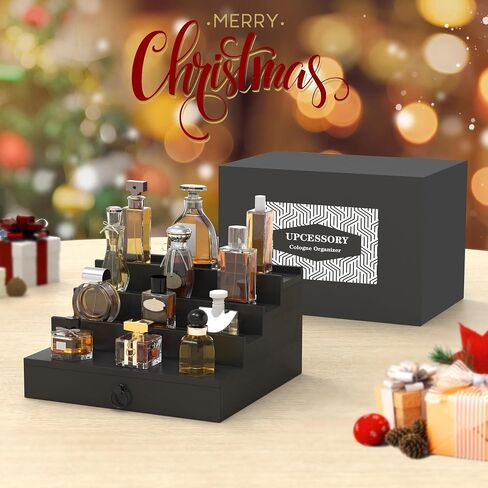 upcessory Cologne Organizer for Men, 4 Tier Wood Perfume Organizer with Felt Lining Drawer and Hidden Compartment, Perfume Display Holder, A Great Gift for Men - Black in Kuwait