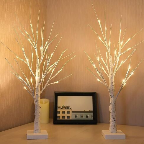 2-Pack 2FT Lighted Birch Tree with Timer for Easter Decorations, Artificial Birch Tree with 48 LED Warm White Lights, Tabletop Centerpiece Tree for Xmas Easter in Saudi Arabia