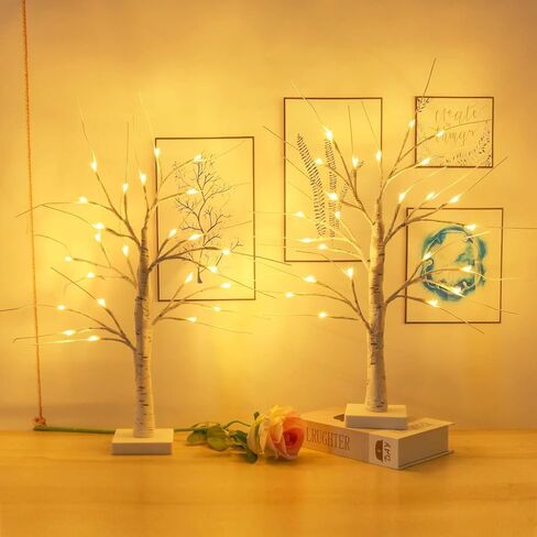2-Pack 2FT Lighted Birch Tree with Timer for Easter Decorations, Artificial Birch Tree with 48 LED Warm White Lights, Tabletop Centerpiece Tree for Xmas Easter in Saudi Arabia