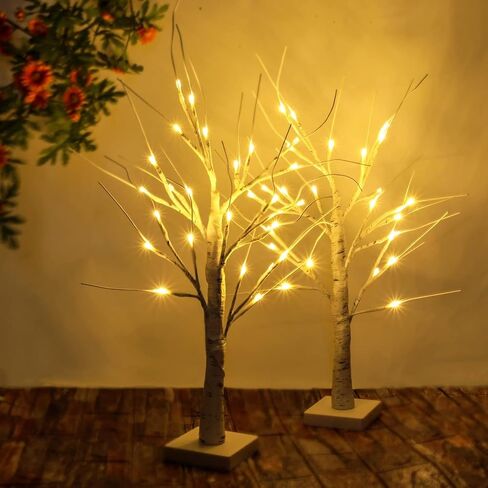 2-Pack 2FT Lighted Birch Tree with Timer for Easter Decorations, Artificial Birch Tree with 48 LED Warm White Lights, Tabletop Centerpiece Tree for Xmas Easter in Saudi Arabia