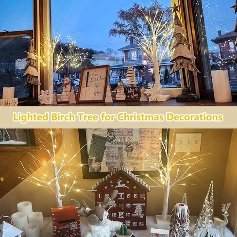 2-Pack 2FT Lighted Birch Tree with Timer for Easter Decorations, Artificial Birch Tree with 48 LED Warm White Lights, Tabletop Centerpiece Tree for Xmas Easter in Saudi Arabia